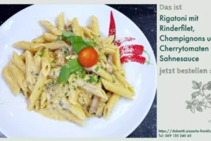 Rigatoni Mit Rinderfilet Champignons Und Sherrytomaten In Sahnesauce